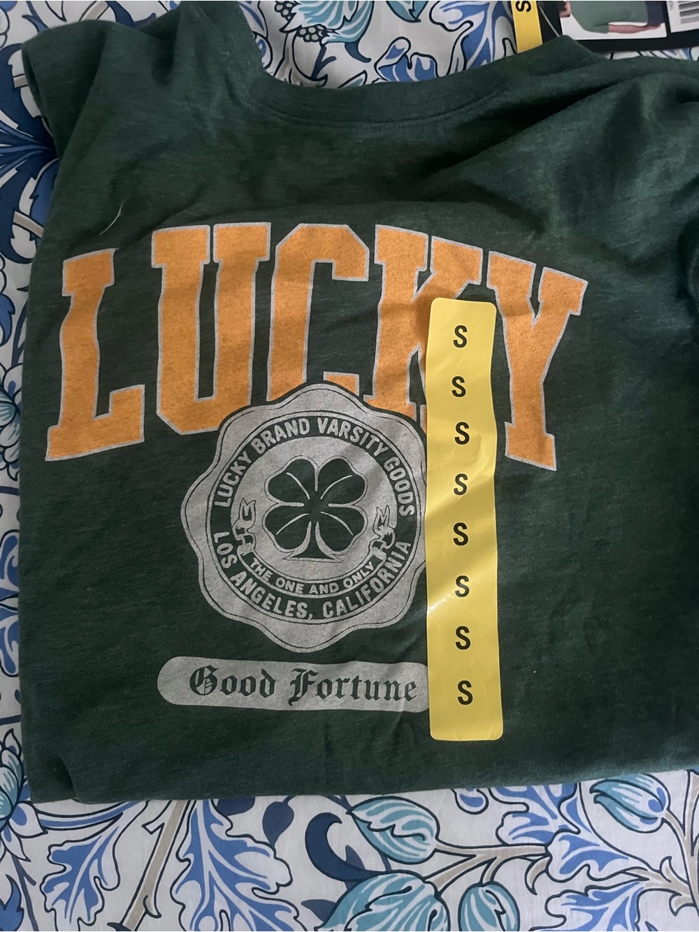 New with Tags super soft Lucky Brand 'Good Fortune' Green Tee with Yellow Accent